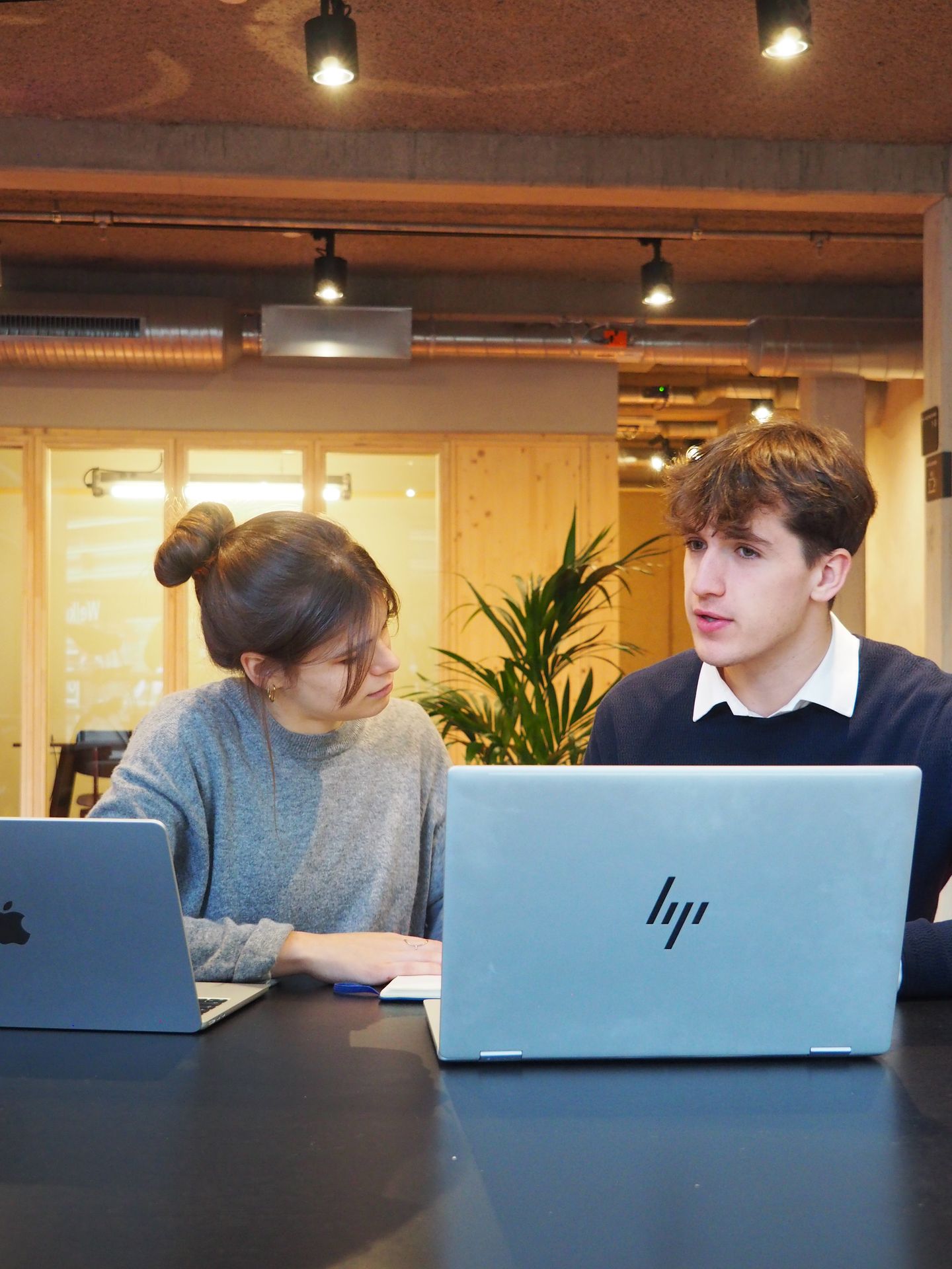 Meeting at a table with laptops